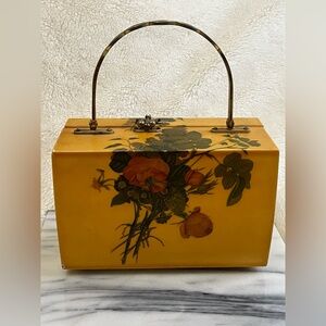 VTG 1960s 1970s Wooden Purse Decoupage Floral Collage Box Metal Handle